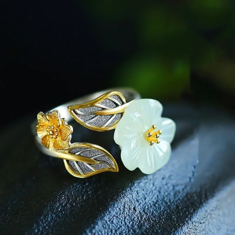Men'S Fashion Rings - 925 Argento Bianco Hetian Giada Fiore